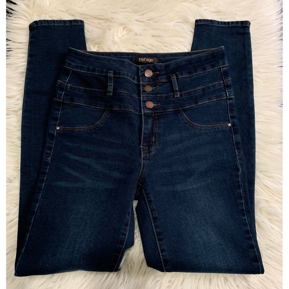 Refuge Jeans Womens High Waist Skinny 3 Button Zip Fly Comfort Stretch